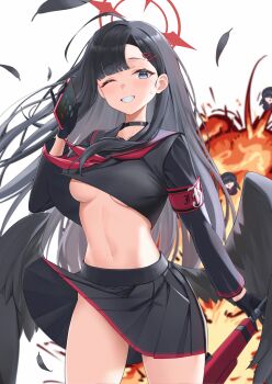 3girls ;d ahoge armband asymmetrical_bangs black_gloves black_hair black_serafuku black_skirt black_wings blue_archive blunt_bangs blush breasts cellphone cellphone_photo chibi explosion falling_feathers feathered_wings feathers gloves grin halo highres holding holding_phone ichika_(blue_archive) justice_task_force_member_(blue_archive) linea_alba long_hair long_sleeves looking_at_viewer medium_breasts mintz912 multiple_girls navel neckerchief one_eye_closed open_mouth phone pleated_skirt red_armband red_halo red_neckerchief school_uniform serafuku skirt smile solo_focus stomach straight_hair sweatdrop underboob very_long_hair wings