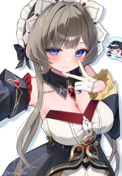 2girls black_collar black_sleeves blue_eyes blush breasts brooch cleavage collar columbina_(genshin_impact) commentary_request detached_collar detached_sleeves dress gem genshin_impact gloves grey_hair half_gloves highres jewelry large_breasts looking_at_viewer multiple_girls reaching reaching_towards_viewer red_gem ruarua0819 sandrone_(genshin_impact) short_hair_with_long_locks simple_background solo_focus strapless strapless_dress v wavy_mouth white_background white_gloves white_headdress