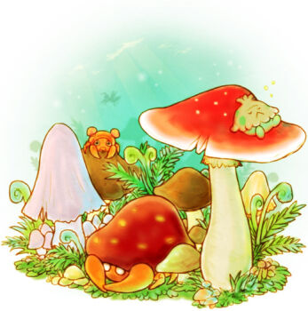 gen_1_pokemon gen_3_pokemon matosan mushroom nintendo no_humans outdoors paras parasect plant pokemon pokemon_(creature) shroomish sleeping trait_connection