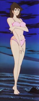 1girl anime_screenshot armpit_crease bare_arms bare_legs barefoot bow bow_panties bra breasts brown_eyes brown_hair cleavage clenched_hand collarbone covering_breasts covering_crotch covering_privates curvy embarrassed eyelashes feet female_focus frown full_body heel_up highres knees large_breasts legs legs_together long_hair long_legs looking_at_viewer lupin_iii matching_hair/eyes matching_underwear midriff mine_fujiko navel neck official_art official_underwear open_hand outdoors panties parted_bangs pink_bra pink_panties pinky_out sky standing stitched stomach thighs third-party_edit underwear underwear_only wavy_hair