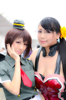 Rule 34 | 2girls, asian, black hair, breasts, cattleya (queen's blade), cattleya (queen's blade) (cosplay), chouzuki maryou, cleavage, cosplay, glasses, highres, large breasts, lipstick, makeup, multiple girls, photo (medium), plump, ponytail, queen's blade