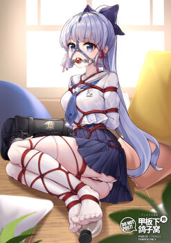 1girl arms_behind_back ayaka_(genshin_impact) ball_gag bdsm blue_eyes blue_hair blue_necktie bondage bound breasts commentary_request crotch_rope gag gag_harness gagged genshin_impact highres large_breasts long_hair looking_at_viewer midriff_peek necktie no_shoes pleated_skirt ponytail purple_ribbon restrained ribbon sailor_collar school_uniform serafuku shibari shibari_over_clothes skirt soles solo thighhighs very_long_hair white_serafuku white_thighhighs wiffle_gag yiduan_zhu