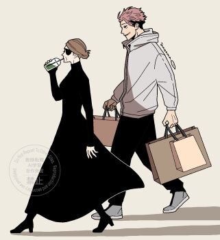 1boy 1girl bag brown_hair cup drink highres hood hooded_jacket inu_ya_ma itadori_yuji jacket jujutsu_kaisen jujutsu_kaisen_modulo kugisaki_nobara mature_female old old_woman pink_hair shopping shopping_bag tall_male