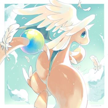 claws closed_mouth cloud colored_skin dragon dragonite feathered_wings feathers flying gen_1_pokemon green_eyes head_wings highres horns leg_wings looking_at_viewer looking_back mega_dragonite mega_pokemon merino_(merino_9999) nintendo no_humans orange_skin pokemon pokemon_(creature) pokemon_focus single_horn sky smile solo tail wings