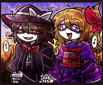 2019 2girls :d belt black_capelet black_hat black_skirt blonde_hair blush bow bowtie brown_belt brown_hair capelet dress hair_between_eyes hair_bow half-closed_eyes hat hat_bow holding_hands japanese_clothes kimono long_sleeves medium_hair multiple_girls music musical_note new_year no_headwear open_mouth pink_bow purple_eyes purple_kimono red_bow red_bowtie red_eyes shirt short_hair singing skirt sleepy sleeve_cuffs smile suenari_(peace) touhou usami_renko white_bow white_shirt zzz