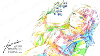1girl artist_name buttons colorful commentary_request daisy_(flower) dress flower flute highres holding holding_flute holding_instrument instrument long_hair long_sleeves original pinafore_dress procreate_(medium) signature sleeveless sleeveless_dress solo sweater watanabe_tomari watermark