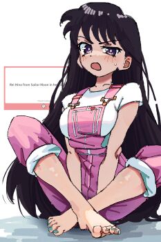 1girl arms_between_legs artistic_error barefoot bishoujo_senshi_sailor_moon black_hair blush breasts ear_blush english_text feet full_body green_nails highres hino_rei hoot_hoot_owl indian_style long_hair looking_at_viewer marshmallow_(site) medium_breasts nail_polish open_mouth overalls pink_overalls purple_eyes request_inset simple_background sitting solo sweatdrop toenail_polish toenails toes very_long_hair white_background wrong_foot