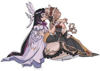 2girls black_dress black_hair blush bonnet braid braided_bun brown_hair closed_eyes columbina_(genshin_impact) commentary dress flikati genshin_impact gloves hair_bun hand_in_another's_hair hashtag-only_commentary highres kiss kneeling multiple_girls off-shoulder_dress off_shoulder parted_lips purple_streaks sandrone_(genshin_impact) simple_background white_background white_dress white_gloves winding_key yuri