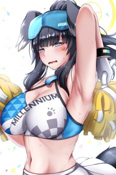 1girl animal_ears arm_up armpit_focus armpits black_hair blue_archive blue_eyes blush breasts cheerleader cleavage commentary_request dog_ears dog_girl dog_tail goggles goggles_on_head halo hibiki_(blue_archive) hibiki_(cheer_squad)_(blue_archive) highres holding holding_pom_poms kozuka_yashoku large_breasts long_hair looking_at_viewer millennium_cheerleader_outfit_(blue_archive) navel official_alternate_costume open_mouth pom_pom_(cheerleading) pom_poms presenting_armpit simple_background skirt smell smelly_armpits solo star_(symbol) star_sticker steam steaming_body sticker sticker_on_face sweat sweatdrop tail white_background yellow_halo