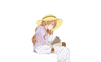 1girl bag between_legs blush breasts brown_hair dress floral_print from_below from_side hair_between_eyes hat highres invisible_chair konoe_kanata long_hair love_live! love_live!_nijigasaki_high_school_idol_club love_live!_school_idol_festival_2 note official_art see-through_clothes see-through_shirt shirt short_sleeves sitting solo sticky_note sun_hat transparent_background wavy_hair white_dress yellow_hat