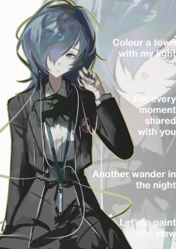 1girl absurdres alternate_costume arm_at_side black_bow black_jacket black_skirt blue_eyes blue_hair bow closed_mouth commentary_request cowboy_shot digital_media_player digital_walkman dress_shirt english_text facing_viewer frown gekkoukan_high_school_uniform genderswap genderswap_(mtf) hair_over_one_eye hand_up hashtag-only_commentary highres holding_digital_media_player jacket k1kiwa looking_to_the_side lyrics medium_hair messy_hair open_clothes open_jacket outline persona persona_3 persona_3_reload school_uniform shirt skirt walkman_nw-s203f white_shirt yellow_outline yuuki_makoto_(persona_3) zoom_layer