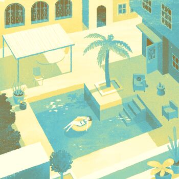 1girl analogous_colors aqua_bikini bikini building chair commentary_request day from_above hakunetsutou_(hacne) on_innertube open_door original outdoors palm_tree plant pool potted_plant scenery shade solo swimsuit tree water wide_shot