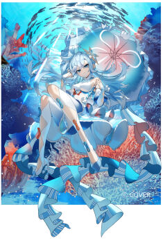 Rule 34 | 1girl, blue eyes, blue hair, commentary request, coral, dappled sunlight, day, fish, highres, holding, holding umbrella, hololive, hololive indonesia, knees together feet apart, knees up, kobo kanaeru, long hair, looking at viewer, multicolored hair, ocean, official art, scottie (phantom2), smile, solo, submerged, sunlight, swimming, two-tone hair, umbrella, underwater, virtual youtuber, water, white hair