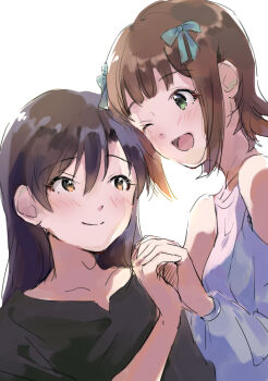 Rule 34 | 2girls, amami haruka, black hair, black shirt, blue bow, blush, bow, brown eyes, brown hair, closed mouth, commentary request, green eyes, hair bow, holding hands, idolmaster, idolmaster (classic), interlocked fingers, kisaragi chihaya, kuzuya ramurin, long hair, looking at another, multiple girls, multiple hair bows, one eye closed, open mouth, shirt, short hair, simple background, smile, white background, white shirt, yuri