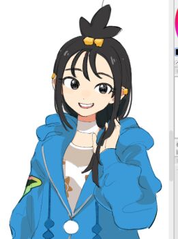 1girl black_eyes black_hair blue_hoodie blue_jacket cube_hair_ornament hair_bobbles hair_ornament hand_in_own_hair hand_up honnnkkmimimimi hood hooded_jacket hoodie jacket lida_(pokemon) long_hair long_sleeves looking_at_viewer nintendo open_mouth pokemon pokemon_legends:_z-a smile solo topknot upper_body