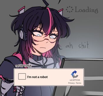 1girl ahoge animal_ears armor at_computer black_hair blue_eyes breasts captcha cat_ears english_text female_focus frown hair_between_eyes headphones highres joints large_breasts loading_screen medium_hair meme monitor multicolored_hair original pink_hair profanity robot_girl robot_joints solo solo_focus upper_body warl_granada
