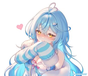 Rule 34 | 1girl, ahoge, aqua hair, aqua jacket, blue hair, blush, breasts, camisole, cleavage, closed mouth, collarbone, commentary request, double-parted bangs, elf, fur-trimmed jacket, fur trim, hair between eyes, hair ornament, hairclip, highres, hololive, jacket, jackmiho, large breasts, long hair, long sleeves, looking at viewer, multicolored hair, official alternate costume, parallel hairclips, pointy ears, simple background, sleeves past wrists, streaked hair, upper body, virtual youtuber, white background, white camisole, yellow eyes, yukihana lamy, yukihana lamy (roomwear)