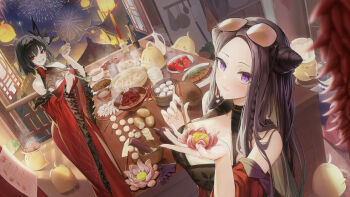 2girls absurdres aerial_fireworks architecture azur_lane black_hair bowl braid breasts brown_hair chien_wu_(azur_lane) chili_pepper chinese_commentary chopsticks cleavage commentary_request cone_hair_bun cup double_bun douya_(yaomiaomiao) dress dumpling east_asian_architecture eyewear_on_head fireworks fish flower flower-shaped_food food garlic glass_bottle grin hai_yung_(azur_lane) hair_bun highres holding holding_bowl holding_food holding_ladle jiaozi knife ladle lantern lantern_festival looking_at_viewer lotus manjuu_(azur_lane) md5_mismatch multiple_girls official_art paper_lantern pastry potato purple_eyes red_dress red_eyes red_pepper revision sky_lantern smile soup_ladle steam steamed_bun tomato