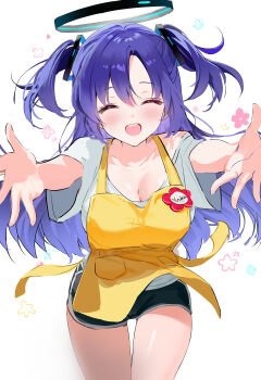 1girl :d ^_^ absurdres alternate_costume black_halo black_shorts blue_archive blush breasts casual character_name cleavage closed_eyes commentary_request cowboy_shot dolphin_shorts facing_viewer floating_hair floral_background gamtoryy hair_between_eyes hair_ornament halo happy highres incoming_hug large_breasts leaning_forward long_hair mechanical_halo name_tag open_mouth outstretched_arms outstretched_hand pov purple_eyes shirt short_sleeves shorts simple_background smile solo straight-on t-shirt teeth thigh_gap triangle_hair_ornament two_side_up upper_teeth_only very_long_hair white_background white_shirt yuuka_(blue_archive)