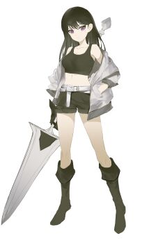 1girl absurdres anli_(jwcpp4sum0mgk5r) bang_dream! bang_dream!_it&#039;s_mygo!!!!! belt black_boots black_gloves black_hair black_shorts black_tank_top boots breasts chinese_commentary cleavage closed_mouth commentary_request dark_souls_(series) gloves grey_jacket hand_in_pocket highres holding holding_sword holding_weapon jacket long_hair midriff mole mole_under_eye open_clothes open_jacket purple_eyes shiina_taki shorts simple_background solo sword tachi-e tank_top weapon white_background white_belt