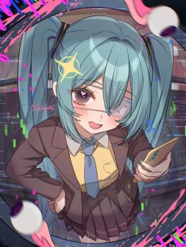 1girl :d absurdres adversarial_noise aqua_hair aqua_nails blue_necktie blush brown_jacket brown_skirt cellphone collared_shirt commentary cowboy_shot dated eyepatch fingernails from_above hand_on_own_hip hasei_(hasei01) hatsune_miku highres holding holding_phone jacket long_hair long_sleeves looking_at_viewer monitoring_(vocaloid) nail_polish necktie open_clothes open_jacket open_mouth phone pleated_skirt purple_eyes shirt skirt smartphone smile solo twintails twitter_username vocaloid
