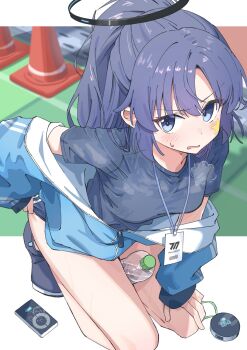 1girl between_thighs black_halo blue_archive blue_buruma blue_eyes blue_jacket blue_shoes blush bottle breasts buruma commentary full_body halo highres id_card jacket lanyard long_hair long_sleeves looking_at_viewer mechanical_halo medium_breasts off_shoulder open_clothes open_jacket open_mouth parted_bangs ponytail purple_hair shinshin_(ssnsn_oekaki) shoes short_sleeves solo squatting sweatdrop yuuka_(blue_archive) yuuka_(track)_(blue_archive)