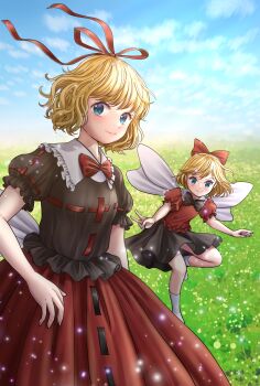 2girls absurdres black_shirt black_skirt breasts closed_mouth collar fairy fairy_wings grass hair_ribbon highres kyabekko looking_at_viewer medicine_melancholy multiple_girls outdoors red_ribbon red_shirt red_skirt ribbon shirt short_hair skirt smile su-san touhou v white_collar wings