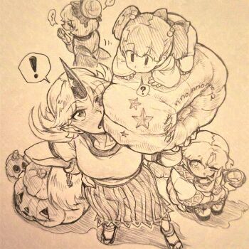 ! 4girls ? absurdres artist_name blush chain commentary_request cuffs dress hair_bobbles hair_ornament halloween hand_on_own_hip highres horns hoshiguma_yuugi jack-o'-lantern japanese_clothes kimono kisume kurodani_yamame long_hair menotama mizuhashi_parsee multiple_girls oni open_mouth pumpkin sandals shackles shirt short_sleeves signature single_horn skirt spoken_exclamation_mark spoken_question_mark squatting touhou traditional_media twintails