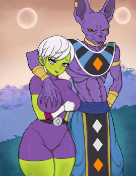 1boy 1girl age_difference beerus black_eyes bodysuit cheelai colored_sclera colored_skin dragon_ball dragon_ball_super grabbing_another's_breast green_skin groping hetero highres interspecies looking_at_viewer pink_eyes purple_skin short_hair smile standing thick_thighs thighs white_hair wide_hips yellow_sclera