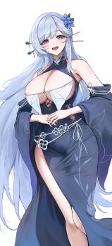 1girl 2gong_(9ujin_) absurdres bare_shoulders blue_dress blue_eyes blue_flower blue_hair blush breast_curtains breasts cleavage closed_mouth commentary_request commission covered_groin detached_sleeves dress dutch_angle flower hair_between_eyes hair_flower hair_ornament hair_stick halter_dress halterneck highres korean_commentary large_breasts lenhee_(kaito) long_hair looking_at_viewer mole mole_under_eye original own_hands_together second-party_source side_slit sideboob sidelocks simple_background smile solo standing thighs very_long_hair white_background wide_sleeves