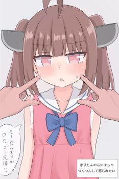 1girl 1other absurdres ahoge alternate_costume blue_bow blue_bowtie blunt_bangs blush bow bowtie brown_hair cheek_poking collarbone commentary_request dress flat_chest grey_background highres long_hair open_mouth pink_dress poking pov pov_hands red-eye_effect sailor_collar sailor_dress sasapi sidelocks simple_background sleeveless sleeveless_dress solo_focus speech_bubble sweat touhoku_kiritan translation_request twintails voiceroid white_sailor_collar