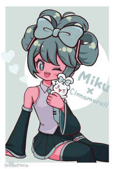 1girl aqua_hair aqua_necktie blush border bow bow-shaped_hair character_name cinnamiku cinnamoroll detached_sleeves feet_out_of_frame fuwa_fuwa_cinnamoroll grey_background grey_shirt hair_bow hatsune_miku highres muted_color necktie norixio one_eye_closed open_mouth pleated_skirt sanrio shirt sidelocks skirt sleeveless sleeveless_shirt smile thighhighs twitter_username updo vocaloid white_border wide_sleeves