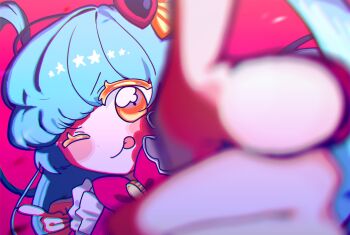 Rule 34 | 1girl, :p, blue hair, blurry, blurry foreground, colored eyelashes, colored skin, commentary request, highres, lobotomy corporation, long hair, magical girl, nr6nzqrcgf60864, pink background, pointing, pointing at viewer, project moon, queen of hatred, solo, star (symbol), tongue, tongue out, upper body, white skin