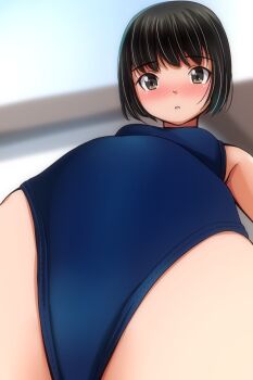 1girl black_hair blue_one-piece_swimsuit blue_school_swimsuit blush breasts brown_eyes from_below looking_at_viewer looking_down matsunaga_kouyou one-piece_swimsuit open_mouth original school_swimsuit short_hair small_breasts standing swimsuit
