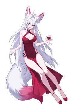 1girl absurdres alternate_ears animal_ear_fluff animal_ears bad_anatomy bad_hands bare_legs bare_shoulders breasts cleavage commentary covered_navel criss-cross_halter cup dress drinking_glass extra_ears fox_ears fox_girl fox_tail full_body hair_between_eyes hair_intakes halterneck highres holding holding_cup legs long_hair looking_at_viewer luo_shun_yao medium_breasts meng_xi_xuan nail_polish original pelvic_curtain pointy_ears red_dress red_eyes red_nails red_shoes shoes sidelocks simple_background smile solo tail thighs very_long_hair white_background white_hair