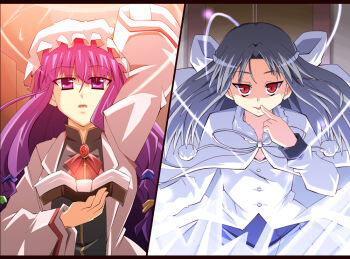 00s 2girls :o ascot blunt_bangs book crossover frills hat holding holding_book long_hair long_sleeves looking_at_viewer melty_blood mob_cap multiple_girls parted_lips patchouli_knowledge red_eyes shin'ya_(nanp) silver_hair split_screen touhou tsukihime type-moon upper_body very_long_hair white_len_(tsukihime)