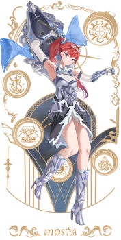 1girl absurdres armor armored_boots armpits artist_name boots bow breastplate commentary detached_sleeves dress full_body gauntlets hair_bow high_heel_boots high_heels highres holding holding_shield long_hair looking_at_viewer mosta_(lo1777789) original parted_lips patterned_background pink_eyes ponytail red_eyes red_hair shield simple_background sleeveless sleeveless_dress solo symbol-only_commentary