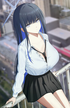 1girl absurdres alternate_costume between_breasts black_hair black_necktie black_skirt blue_archive blue_eyes blue_hair blue_halo breasts closed_mouth colored_inner_hair halo highres large_breasts long_hair looking_at_viewer multicolored_hair necktie necktie_between_breasts pleated_skirt saori_(blue_archive) senkuma777 sidelocks skirt solo two-tone_hair