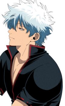 1boy adam&#039;s_apple black_eyes black_shirt closed_mouth gintama highres male_focus popped_collar profile red_trim sakata_gintoki shirt short_sleeves simple_background solo upper_body white_background white_hair yubi_nui21