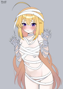 1girl antenna_hair artist_name bandages blonde_hair blush claw_pose closed_mouth collarbone convenient_censoring cowboy_shot dated dot_nose embarrassed eyelashes female_focus grey_background hands_up koshi_torako long_hair looking_at_viewer mummy_costume navel purple_eyes shikanoko_nokonoko_koshitantan simple_background solo standing yujuki