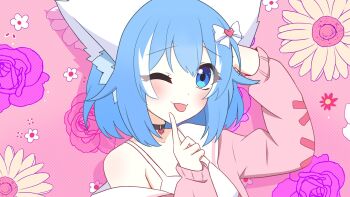 Rule 34 | animal ears, bare shoulders, blue eyes, blue hair, bow, collar, commentary, dot nose, english commentary, floral background, grid background, hair bow, hand on own head, highres, indie virtual youtuber, looking at viewer, multicolored hair, off-shoulder sweater, off shoulder, one eye closed, pale skin, spaghetti strap, streaked hair, sweater, tongue, tongue out, white streaks, wolf ears, wolf girl, wolfychu, wolfychu (artist)