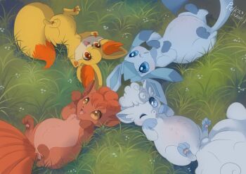 4girls alolan_form alolan_vulpix artist_name belly big_belly black_kitty commentary commission english_commentary eyelashes fennekin furry furry_female gen_1_pokemon gen_4_pokemon gen_6_pokemon gen_7_pokemon glaceon grass long_tail lying multiple_girls nintendo on_grass one_eye_closed open_mouth pokemon pokemon_(creature) pregnant signature tail teeth tongue upper_teeth_only vulpix