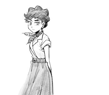 1girl arms_behind_back black_hair black_skirt collared_shirt cowboy_shot desegnajo649 diantha_(pokemon) dress_shirt earrings facing_to_the_side grey_eyes grey_neckerchief highres jewelry long_skirt looking_to_the_side monochrome neckerchief nintendo pokemon pokemon_xy shirt shirt_tucked_in short_hair skirt sleeves_rolled_up solo striped_neckerchief stud_earrings turning_head white_background white_shirt