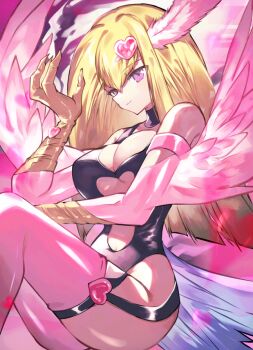 Rule 34 | 1girl, bare shoulders, blonde hair, breasts, claws, cleavage, duel monster, feathered wings, feathers, hair ornament, hajime daijo, harpie girl (yu-gi-oh!), harpy, heart, heart hair ornament, long hair, medium breasts, monster girl, pink feathers, pink wings, purple eyes, solo, thighhighs, winged arms, wings, yu-gi-oh!