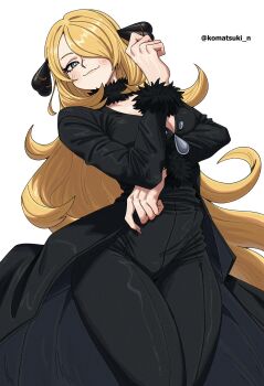 Rule 34 | 1girl, absurdres, arm under breasts, black coat, black pants, black shirt, blonde hair, blush, breasts, closed mouth, coat, cynthia (pokemon), fur-trimmed coat, fur collar, fur trim, grey eyes, highres, komatsuki n, large breasts, looking at viewer, nintendo, one eye closed, pants, pokemon, pokemon dppt, shirt, simple background, smile, solo, tight clothes, tight pants, white background