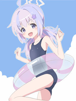 1girl ahoge black_one-piece_swimsuit blue_archive blue_hair blue_sky breasts cloud commentary_request cowboy_shot halo highres kaki_xxx long_hair low_twintails multicolored_hair one-piece_swimsuit pink_hair pink_halo purple_eyes reisa_(blue_archive) school_swimsuit sky small_breasts solo star_halo streaked_hair swimsuit transparent_innertube twintails two-tone_hair