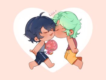 >_< 2boys :3 artist_self-insert blue_hair blue_shorts bouquet chibi chibi_only cove_holden curly_hair dolpxler double-parted_bangs flower full_body green_hair grey_tank_top grin hair_between_eyes happy heart_border highres holding holding_bouquet kiss knees_up main_character_(our_life) male_focus multiple_boys our_life our_life:_beginnings_and_always outside_border outstretched_hand short_hair shorts smile tank_top yaoi yellow_shorts