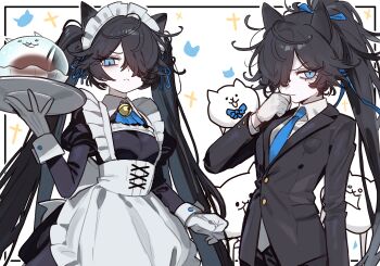 1girl absurdres animal_ears apron bell black_dress black_hair black_jacket black_pants black_suit blue_eyes breasts butler cat_ears cat_girl collared_shirt dark_kasli_(nyanko_daisensou) dress ebora formal_clothes frown gloves hair_over_one_eye hair_ribbon highres holding holding_tray jacket jingle_bell kasli_(nyanko_daisensou) long_hair long_sleeves looking_at_viewer maid maid_headdress necktie nyanko_daisensou one_eye_covered pale_skin pants ponytail ribbon shirt slit_pupils small_breasts suit tray twintails white_apron white_gloves white_shirt