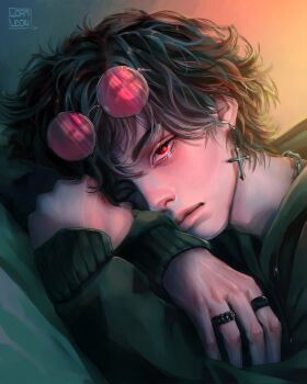 1boy arm_pillow bags_under_eyes black_hair black_hoodie bloodshot_eyes chain chain_necklace cross cross_earrings crossed_arms earrings eyewear_on_head head_rest highres hood hoodie jewelry male_focus messy_hair multiple_rings necklace original red-tinted_eyewear red_eyes ring short_hair solo tinted_eyewear upper_body wormudon