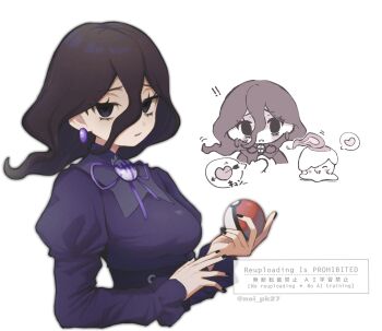 1girl arrow_through_heart black_corset black_dress black_hair breasts candle closed_eyes closed_mouth corset dress earrings fire gen_5_pokemon hair_between_eyes heart hex_maniac_(pokemon) hex_maniac_(pokemon_legends:_z-a) highres holding holding_poke_ball jewelry juliet_sleeves litwick long_hair long_sleeves looking_at_viewer neck_ribbon nintendo noi_(noi_pk27) open_mouth poke_ball poke_ball_(basic) pokemon pokemon_(creature) pokemon_legends:_z-a puffy_sleeves purple_dress purple_ribbon ribbon smile